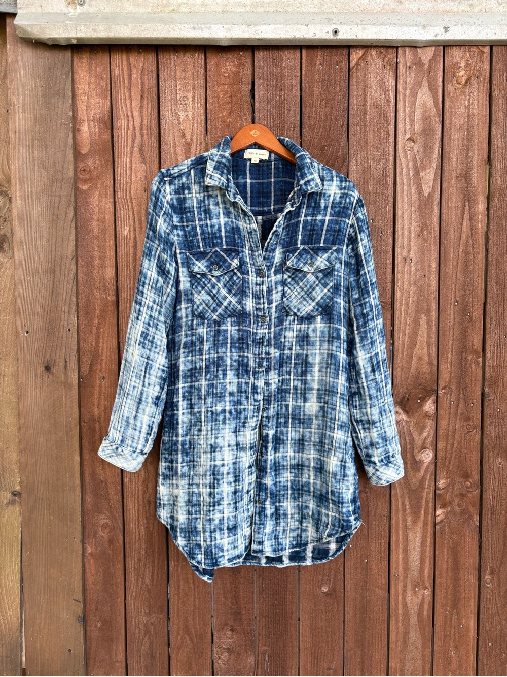 Cloth and Stone Blue Indigo Dye Plaid Button Down Tunic